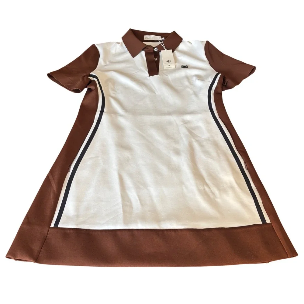 Tory Burch Neoprene Polo Golf Dress Snow White and Mocha Chip 161375 Size L NWT